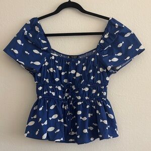 Kate Spade Go Fish Top Blue Medium gathered Waist